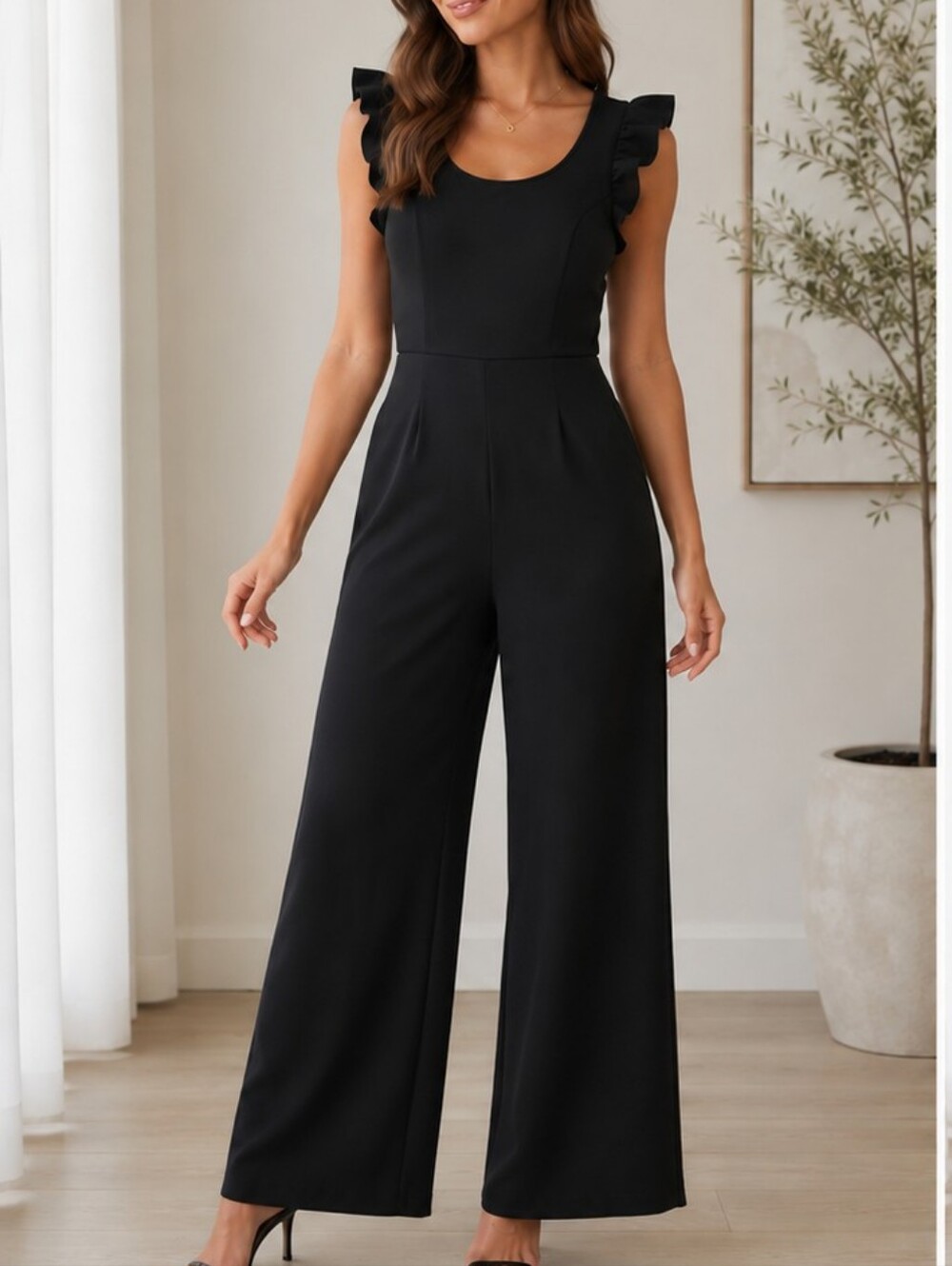 Caution To The Wind Black Wide-Leg Ruffle-Shoulder Jumpsuit Sizs Medium